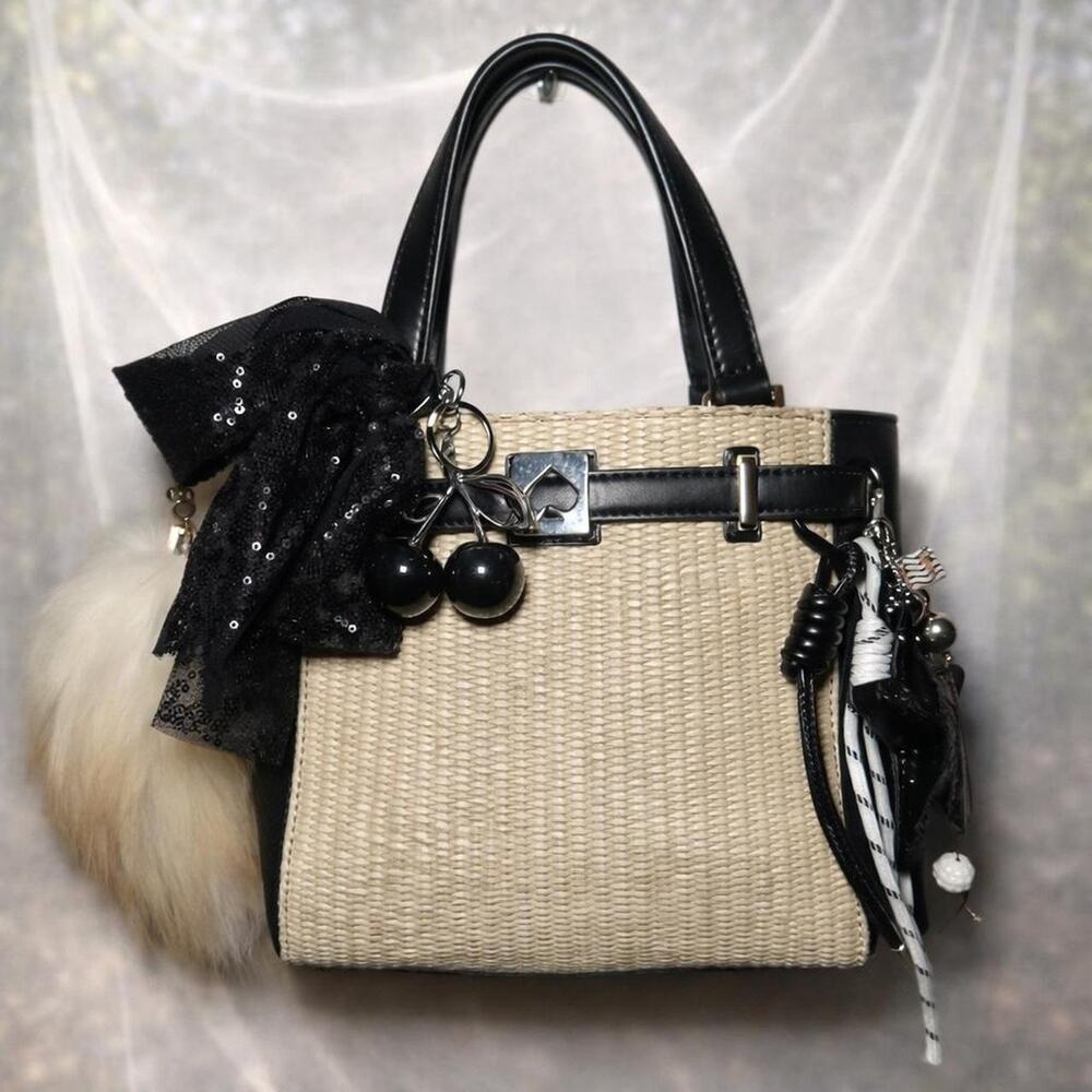 Kate Spade Woven Straw Tote Bag Black Leather Summer Handbag